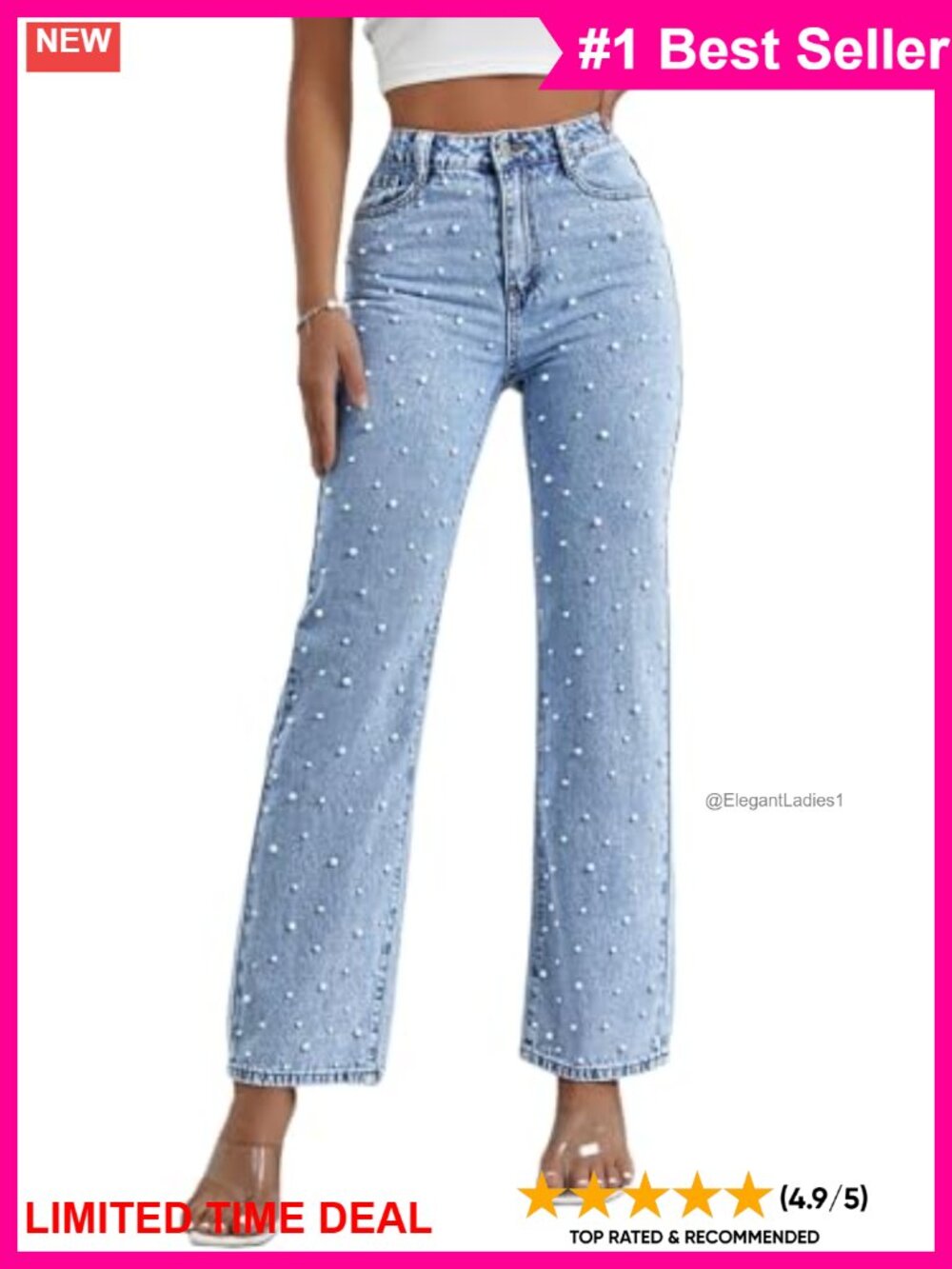 High Waisted Straight Leg Jeans Beaded Pearl Denim Pants Casual